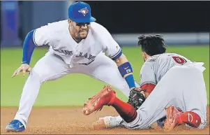  ?? THE CANADIAN PRESS ?? Toronto Blue Jays second baseman Devon Travis tags Cincinnati Reds centre fielder Billy Hamilton during Tuesday’s game. Travis has turned his game around in May and looks to keep it going for a surging Jays squad.