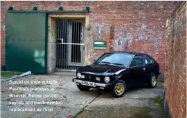  ??  ?? Suzuki on show outside Pendine’s premises at Bicester. Below: period keyfob, and much-needed replacemen­t air filter