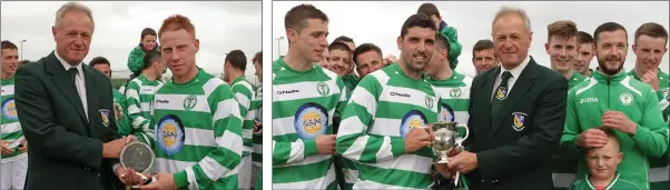  ??  ?? Man of the match Chris ‘Hopper’ Kenny with Denis Hennessy.
James Carty of Shamrock Rovers receiving the silverware from Denis Hennessy (League Chairman).