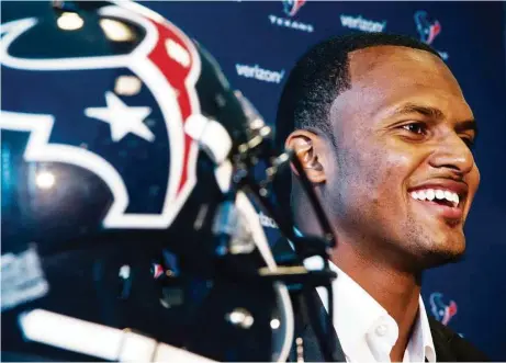  ?? Brett Coomer / Houston Chronicle ?? Texans’ top draft pick and No. 12 overall, Clemson quarterbac­k Deshaun Watson, on Friday is introduced to the media at NRG Stadium.