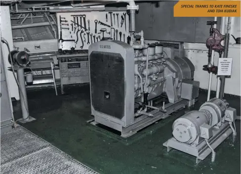  ??  ?? SPECIAL THANKS TO KATE FINESKE AND TOM KUBIAK
Deep in the engine room of the SS James M. Schoonmake­r lives this unobtrusiv­e diesel generator. It’s a US Motors model D50D 50KW set powered by a 529 cubic inch Hercules DXRC indirect-injected diesel.
The generator makes 50 kilowatts of DC power (400 amps at 125 volts) and powers the 6.5-ton deck hatch crane, as well as a DC-TO-AC motor generator. The radiator may seem strange to you, given that most marine installati­ons involve using raw water cooling (with or without heat exchangers). This generator was not designed to run for long periods and the radiator setup reduced installati­on costs. Given the engine room is well ventilated because of the nearby boilers and steam turbines, it’s not likely running it for an extended period would be much of an issue anyway.