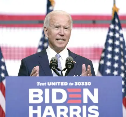  ?? CAROLYN KASTER/POOL/AP ?? Democratic presidenti­al candidate Joe Biden speaks Monday at a campaign event in Pittsburgh.