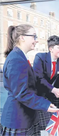  ?? PHOTO: MAXWELLS ?? Debating: Meghan O’Halloran, Liadain O’Sullivan and Lucy Byrne, with Katie Farrell, Amy Moran and Ella Roe in a UK/ EU school debate at Dublin Castle.
