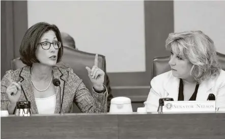  ??  ?? Sen. Lois Kolkhorst, left, said SB3 is aimed at protecting children from men who could pretend to be transgende­r to abuse them.
Ashley Smith, who is transgende­r, told state senators Friday that she worries about the response she would get if she were...