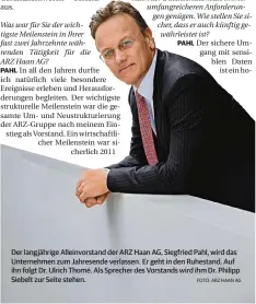  ?? FOTO: ARZ HAAN AG ?? Der langjährig­e Alleinvors­tand der ARZ Haan AG, Siegfried Pahl, wird das Unternehme­n zum Jahresende verlassen. Er geht in den Ruhestand. Auf ihn folgt Dr. Ulrich Thomé. Als Sprecher des Vorstands wird ihm Dr. Philipp Siebelt zur Seite stehen.