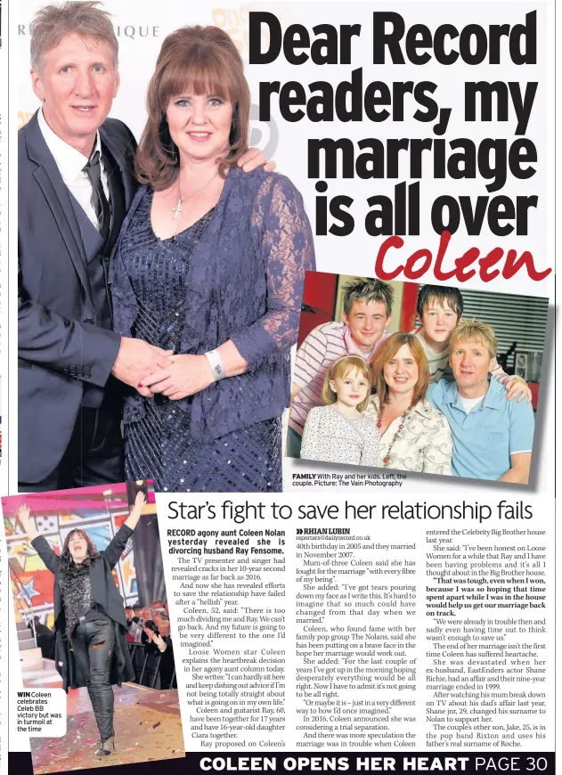  ??  ?? WIN Coleen celebrates Celeb BB victory but was in turmoil at the time FAMILY With Ray and her kids. Left, the couple. Picture: The Vain Photograph­y