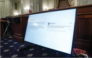  ?? The Associated Press ?? ■ Tweets from President Donald Trump are displayed on a screen Oct. 28, 2020, as Sen. Tammy Baldwin, D-Wis., not pictured, speaks during a hearing before the Senate Commerce Committee on Capitol Hill in Washington.