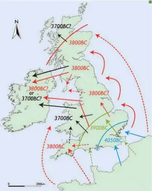  ??  ?? Left: Ancient dna data informed a model of Cheddar Man’s head (10,000 years ago), made for the launch in 2018 of a scientific study and a Channel 4 tv film
Right: The idea of complex migrations bringing farming to the uk after 4000bc, based here on archaeolog­ical evidence and radiocarbo­n dates (2011) was supported by adna analysis of human remains in 2019