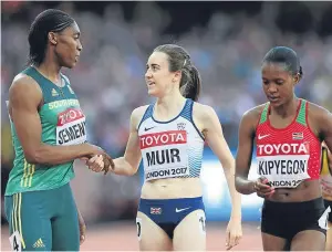  ?? Picture: PA. ?? Laura Muir with two of the other contenders for gold in tonight’s 1,500m final, Caster Semenya and Faith Kipyegon.