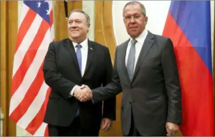  ?? RUSSIAN FOREIGN MINISTRY PRESS SERVICE VIA AP ?? U.S. Secretary of State Mike Pompeo, left, and Russian Foreign Minister Sergey Lavrov pose for a photo prior to their talks in the Black Sea resort city of Sochi, southern Russia, Tuesday.