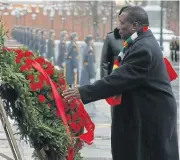  ?? /AFP ?? Abroad: Zimbabwean President Emmerson Mnangagwa attends a wreath-laying ceremony at the Tomb of the Unknown Soldier by the Kremlin wall in Moscow on Tuesday.