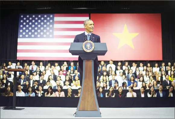  ??  ?? US President Barack Obama speaks at the Young Southeast Asian Leaders Initiative town hall event in Ho Chi Minh City on May 25. Obama urged communist Vietnam on May 24 to abandon authoritar­ianism, saying basic human rights would not jeopardise its...