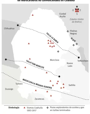  ??  ?? Fallas geológicas, eventos sísmicos y pozos de exploració­n de hidrocarbu­ros no convencion­ales en Coahuila