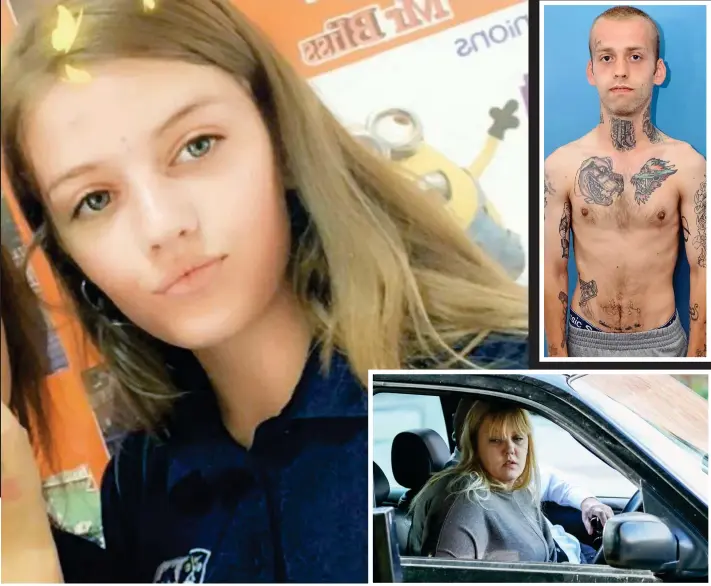  ??  ?? Horror: Lucy McHugh was stabbed 27 times. Inset: Her mother Stacey White and tattooed killer Stephen Nicholson, who had pursued a string of underage girls