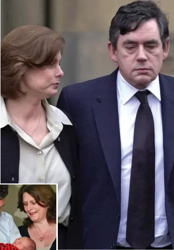  ??  ?? Tragic loss: Gordon and Sarah Brown at the funeral of daughter Jennifer in 2002 and, left, after the birth of son Fraser four years later