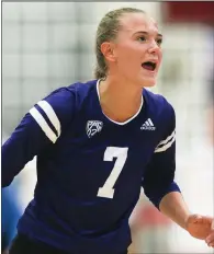  ?? (NWA Democrat-Gazette/Charlie Kaijo) ?? Fayettevil­le’s Ella May Powell, shown competing against the University of Arkansas while playing for Washington in 2022, will begin playing for Beziers Angels, a French profession­al volleyball team, later this summer.
