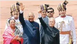  ?? PIC/ Naveen Sharma ?? President Ram Nath Kovind with his wife and outgoing President Pranab Mukherjee at the Presidenti­al Palace after being sworn in at New Delhi, on Tuesday