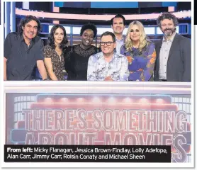  ??  ?? From left: Micky Flanagan, Jessica Brown-Findlay, Lolly Adefope, Alan Carr, Jimmy Carr, Roisin Conaty and Michael Sheen