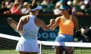  ?? ?? Danka Kovinic and Emma Raducanu shake hands after the British player’s 6-2, 6-3 victory. Photograph: Robert Prange/Getty Images