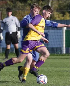  ??  ?? Cian Hanley of Wexford comes under pressure from Wicklow’s Sean Leonard.