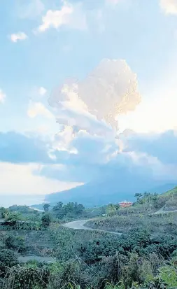  ?? AP ?? Plumes of ash rise from the La Soufrière volcano on the eastern Caribbean island of St Vincent on Friday, April 16.