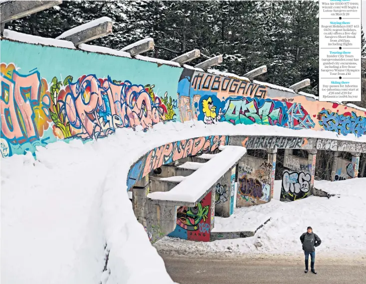  ?? ?? Writing on the wall: Chris visits the former bobsleigh track, south-east of the city at Trebevic