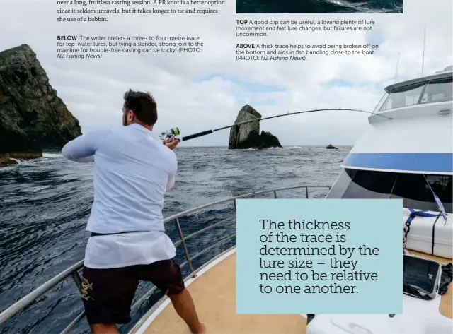  ?? ?? BELOW The writer prefers a three- to four-metre trace for top-water lures, but tying a slender, strong join to the mainline for trouble-free casting can be tricky! (PHOTO: NZ Fishing News)