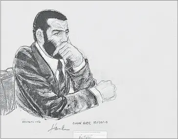  ?? Janet Hamlin, Afp-getty Images ?? In this Pentagon-approved courtroom drawing, Toronto-born Omar Khadr, listens to closing arguments in October 2010 at the U.S. Guantanamo naval base in Cuba. A new collection of essays and other documents examines Khadr’s case and his treatment during...