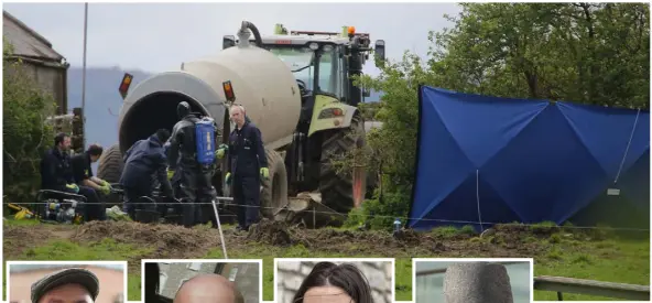  ??  ?? GRIM TASK: The scene at the farm at Fawnagowan and (from left) Patrick Quirke, Bobby Ryan, Sgt Sharon Langan and Dr John Manlove