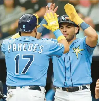  ?? MIKE CARLSON/AP ?? Isaac Paredes and Jonathan Aranda are among the players aged 25 and under the Rays are counting on for 2024.