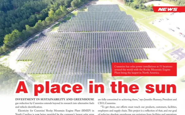  ?? ?? Cummins has solar power installati­ons at 51 locations around the world with the Rocky Mountain Engine Plant being the largest in North America.