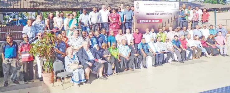  ?? Photo: Waisea Nasokia ?? Minister for Agricultur­e, Rural and Maritime Developmen­t, and National Disaster Management Inia Seruiratu (bottom centre) with speakers, delegates and some officials from the Indian High Commission in Fiji during the Nadi Chamber of Commerce and...