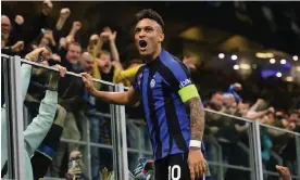  ?? Photograph: Alessandro Sabattini/ ?? Lautaro Martínez celebrates with the Inter fans after scoring the only goal of the Champions League semi-final second against Milan.