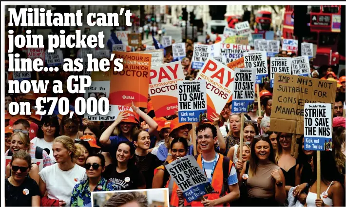  ?? ?? Demanding: Junior doctors during a rally outside Downing Street in London at the start of a four-day strike last August. Inset: Newly qualified Dr Laurenson