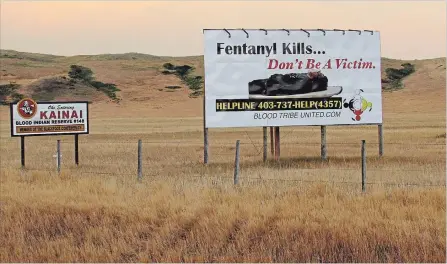  ?? BILL GRAVELAND THE CANADIAN PRESS ?? A billboard at the eastern end of the Blood Reserve in southweste­rn Alberta warns about the dangers of fentanyl.