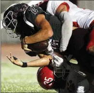  ?? Arkansas Democrat-Gazette/THOMAS METTHE ?? Benton wide receiver Gavin Wells (2) fights through Cabot defensive backs Zhane Harper (right) and Justin Holland for a 12-yard touchdown during the second quarter of Benton’s 56-41 victory on Friday at Panther Stadium in Benton.