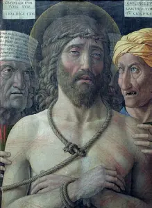  ??  ?? Immagini A fianco, dettaglio dell’Ecce Homo di Mantegna. Destra, particolar­e dell’opera del Maestro Senese detto della Madonna Straus