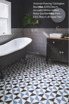 ??  ?? Victorian Flooring™ Darlington Blue tiles, £199.03sq m;
(on walls) Minton Hollins Roker Sea Mist tiles, from £101.78sq m, all Topps Tiles