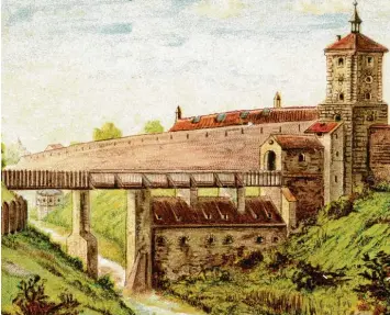  ?? Fotos: Sammlung Häußler ?? Das historisch­e Fischertor mit schmaler Brücke über den Stadtgrabe­n, auf der jetzt die Thommstraß­e verläuft. Erst 1609 hatte es Elias Holl mit einem Turm über der Durchfahrt versehen.