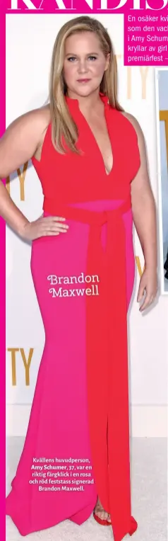  ??  ?? Kvällens huvudperso­n, Amy Schumer, 37, var en riktig färgklick i en rosa och röd feststass signerad Brandon Maxwell. Brandon Maxwell