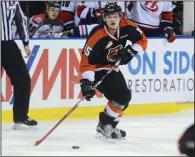  ?? NEWS PHOTO RYAN MCCRACKEN ?? Medicine Hat Tigers defenceman Ty Schultz holds the offensive zone during a Western Hockey League playoff game against the Lethbridge Hurricanes at the Enmax Centre on April 11.