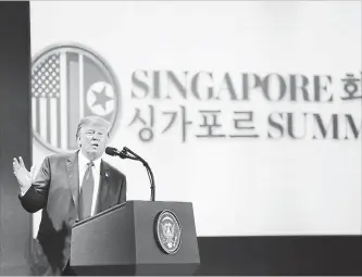  ?? SEONGJOON CHO BLOOMBERG ?? U.S. President Donald Trump speaks after his summit meeting with Kim Jong Un.