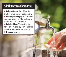  ?? FOTO: MOSTPHOTOS ?? VÄTSKEBRIS­T. Det finns få offentliga dricksvatt­enkranar i Västerort.