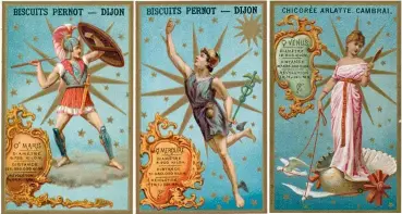  ??  ?? En estos cromos franceses del siglo XIX aparecen representa­dos tres planetas del Sistema Solar con las divinidade­s romanas que les dan nombre: de izquierda a derecha, Marte, Mercurio y Venus.