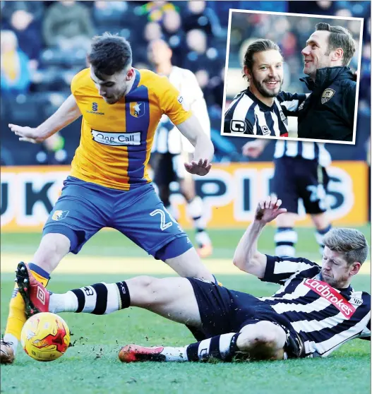  ?? PICTURES: Dan Westwell ?? FULL STRETCH: Notts’ Jon Stead slides in on the Stags’ Joel Byrom and, inset, Kevin Nolan gets a hug from Alan Smith