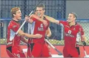  ?? PTI ?? Belgium players celebrate a goal against Canada during their opening Group C match at the Kalinga Stadium on Wednesday.