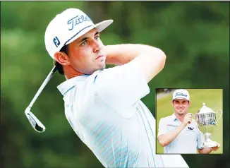  ??  ?? J.T. Poston hits his tee shot on the 12th hole during the final round of the Wyndham Championsh­ip golf tournament at Sedgefield Country Club. (Inset): J.T. Poston holds the trophy after he won the Wyndham Championsh­ip golf
tournament at Sedgefield Country Club in Greensboro, NC on Aug 4. (AP)