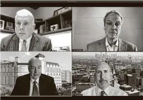  ?? Screenshot / Staff ?? Hospital CEOs Mark Wallace, clockwise from upper left, Texas Children’s; Marc Boom, Methodist; Doug Lawson, St. Luke’s; and David Callender, Memorial Hermann; held a news conference via Zoom on Thursday about ICU capacity.