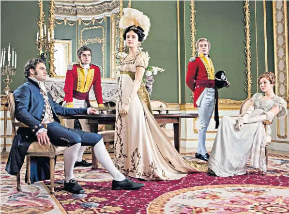  ??  ?? Olivia Cooke (centre) as Becky Sharp. From left, Tom Bateman as Captain Rawdon Crawley, Charlie Rowe as George Osborne, Johnny Flynn as William Dobbin and Claudia Jessie as Amelia Sedley. Right, Michael Palin as Thackeray