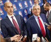  ?? JOHN MINCHILLO / ASSOCIATED PRESS ?? NBA Commission­er Adam Silver (left), seen with then-Commission­er David Stern in 2011, wants to study medical pot’s safety; Stern would allow it.